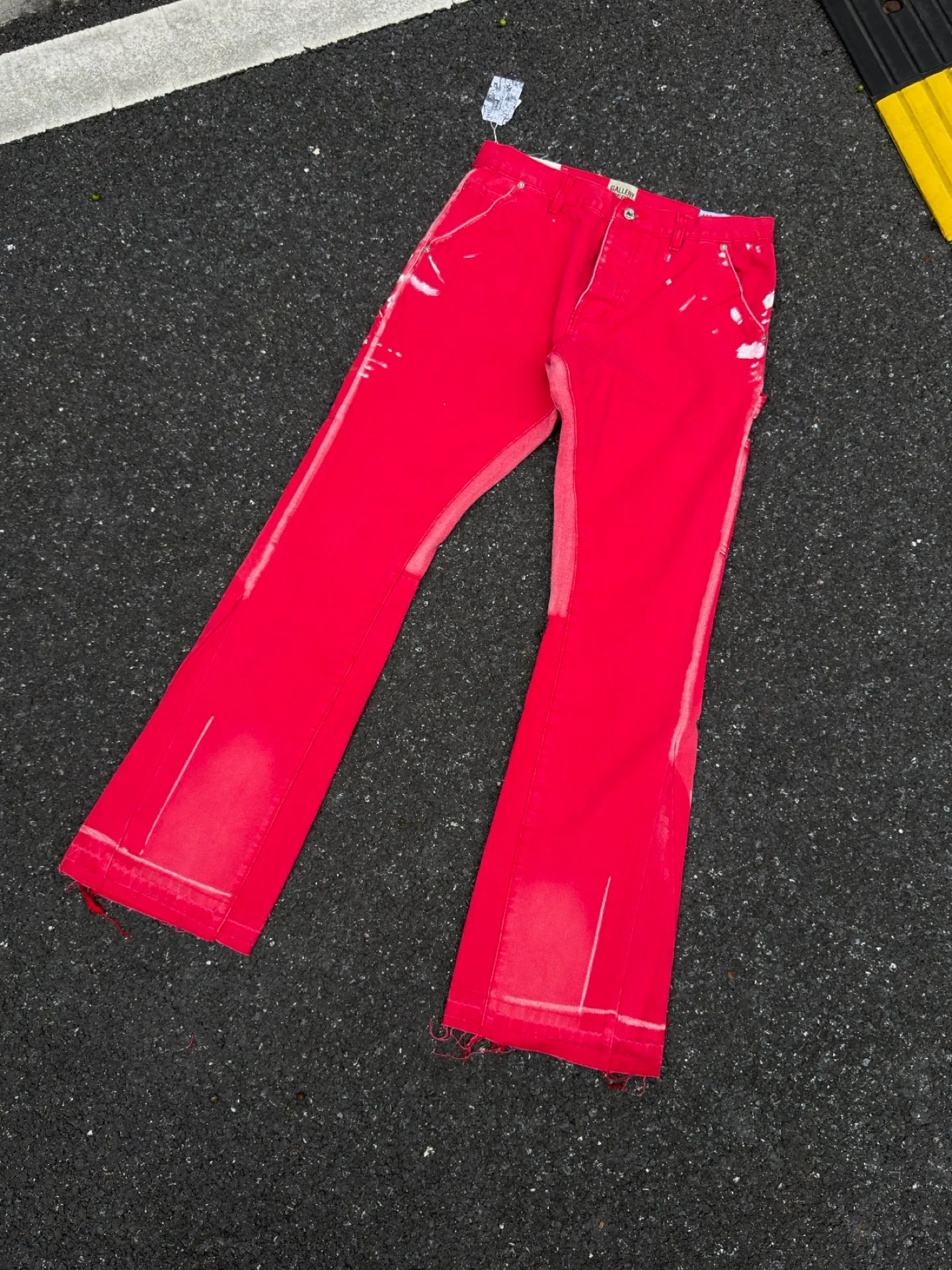 P260💰GA06 GALLERY DEPT. Spliced ​​patches, splashed ink denim flared jeans, washed, distressed, spliced ​​jeans, logging micro-flared jeans, same style for men and women Color: red Code number: 28 30 32 34 36